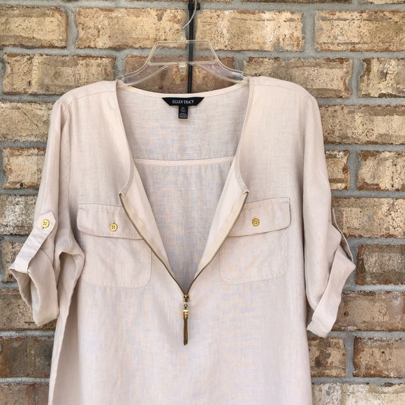 Ellen Tracy 100% Linen 1/4 Zipper Cuffed Short Sleeve Light Tan Tunic Top L - Picture 5 of 15